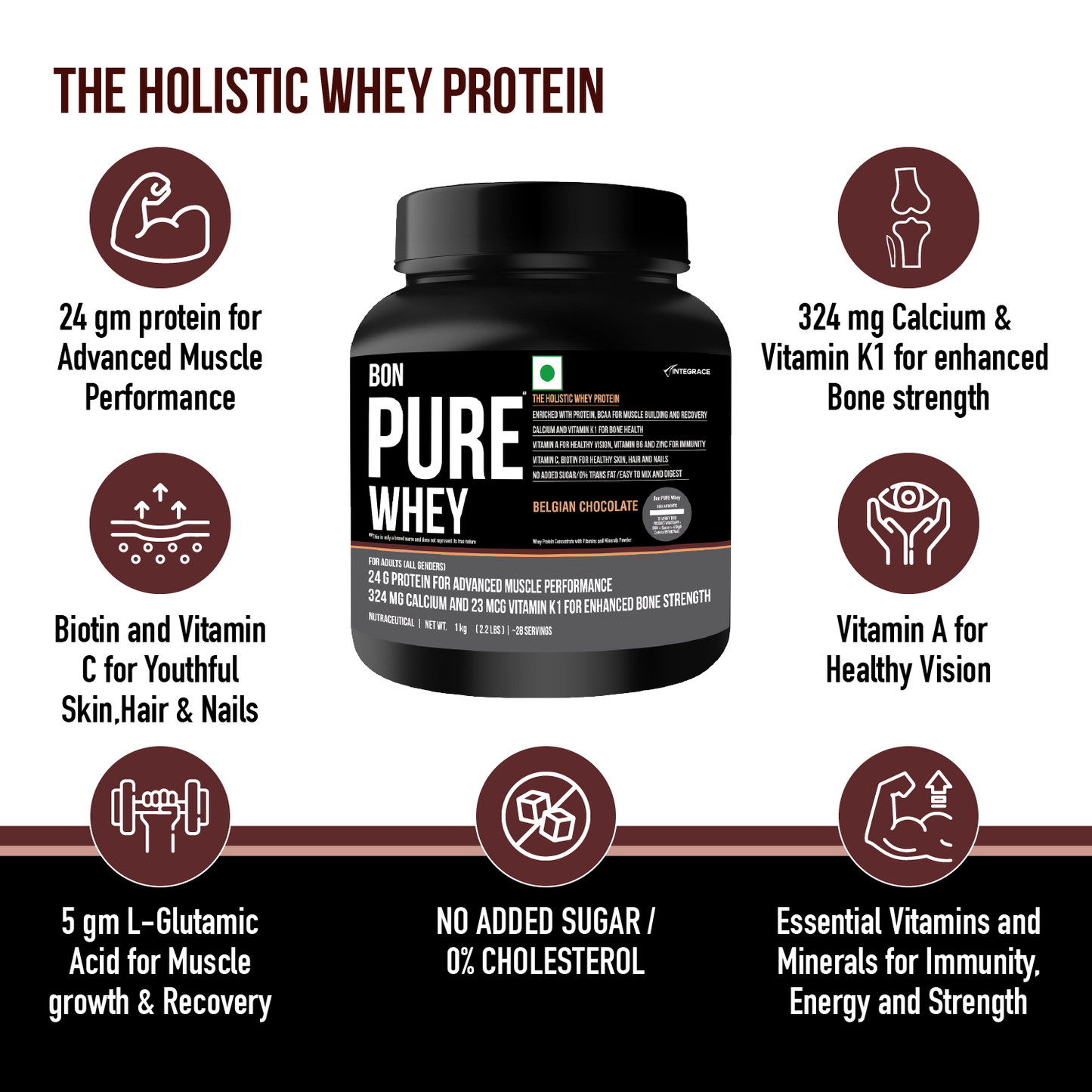 BON PURE WHEY, Belgian Chocolate, The HOLISTIC WHEY PROTEIN, Muscle Building, Bone Strength, Immunity, Healthy Skin, Hair & Nails, Essential Protein, BCAA, Vitamins & Minerals, For Athletes, Sports