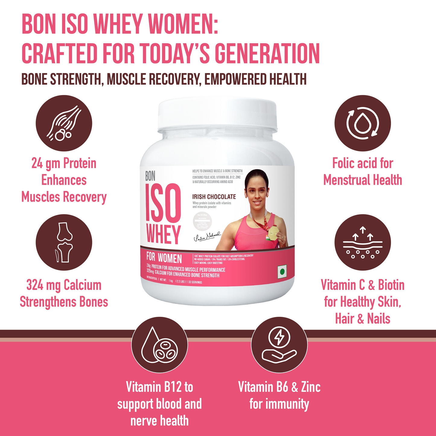 Bon ISO Whey 100% Protein Isolate Designed For Today's Women, 1kg | Muscle Recovery, Bone Strength, Menstrual Health & Holistic Well-being | 24g Protein, 329 mg Calcium, 81 mcg Folic Acid, Biotin, Vit C, B6, B12, 5.5g BCAA, Zinc & Minerals