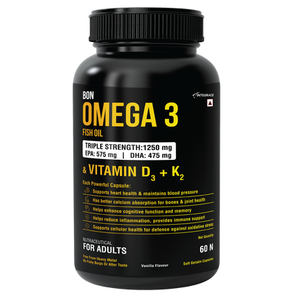 Bon Omega 3 Fish Oil 1250mg with Vitamin D3 & K2 – 3X Triple Strength 560mg EPA & 400mg DHA | Supports Heart, Bone Health, Brain & Immunity | 60 Softgels | Non-GMO, Burpless Anti-Reflux