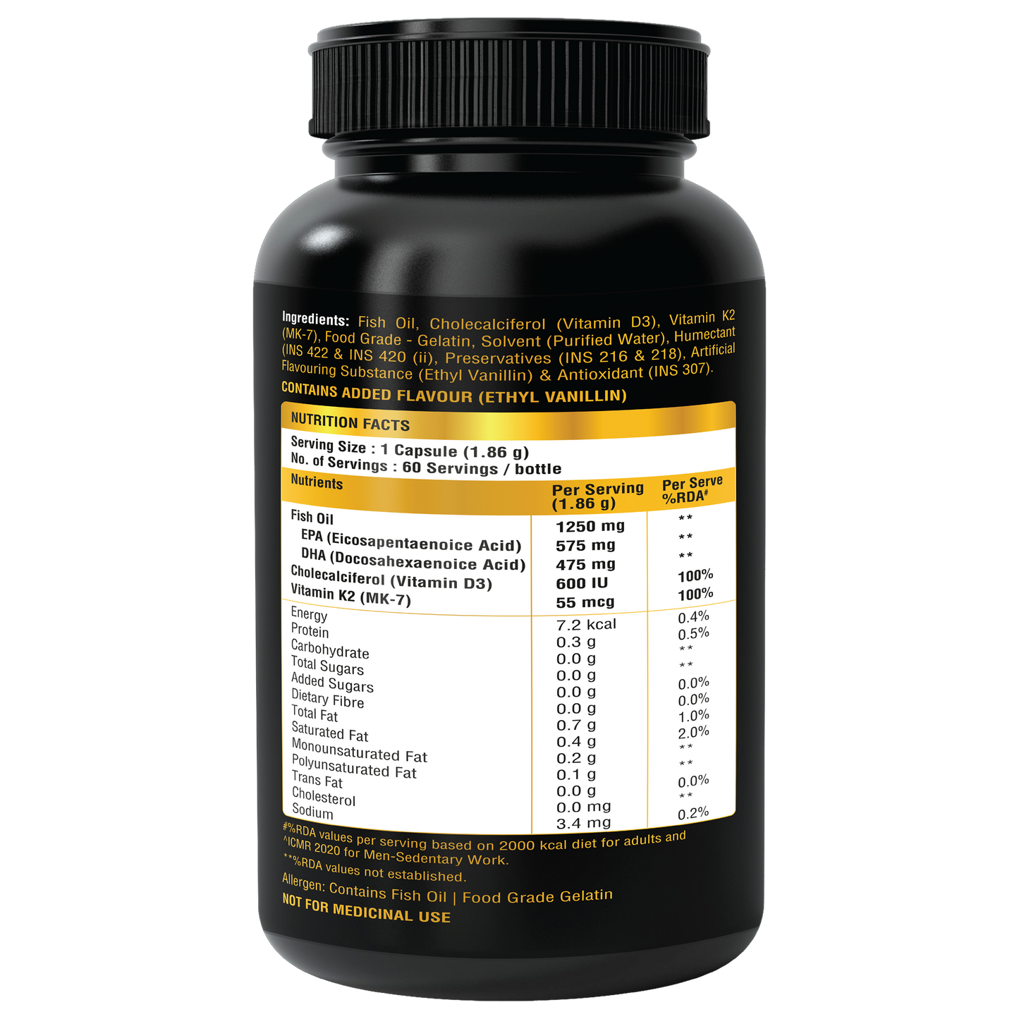Bon Omega 3 Fish Oil 1250mg with Vitamin D3 & K2 – 3X Triple Strength 560mg EPA & 400mg DHA | Supports Heart, Bone Health, Brain & Immunity | 60 Softgels | Non-GMO, Burpless Anti-Reflux
