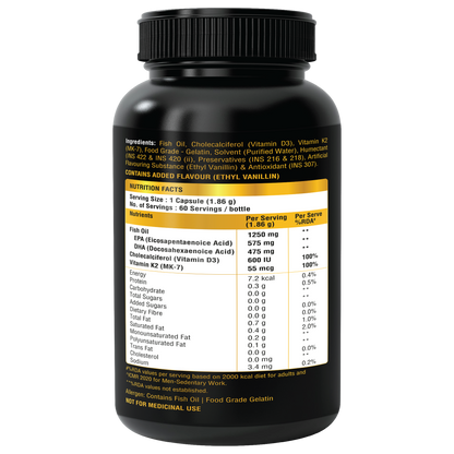 Bon Omega 3 Fish Oil 1250mg with Vitamin D3 & K2 – 3X Triple Strength 560mg EPA & 400mg DHA | Supports Heart, Bone Health, Brain & Immunity | 60 Softgels | Non-GMO, Burpless Anti-Reflux