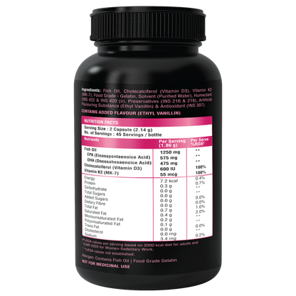 BON Omega 3 Fish Oil for Women 1250mg with Vitamin D3 & K2 – Easy to Swallow Smaller Softgels | 3X Triple Strength 560mg EPA & 400mg DHA | Supports Heart, Bone Health, Brain, Immunity, Healthy Skin & Hair | 90 Softgels | Non-GMO, Burpless, Anti-Reflux