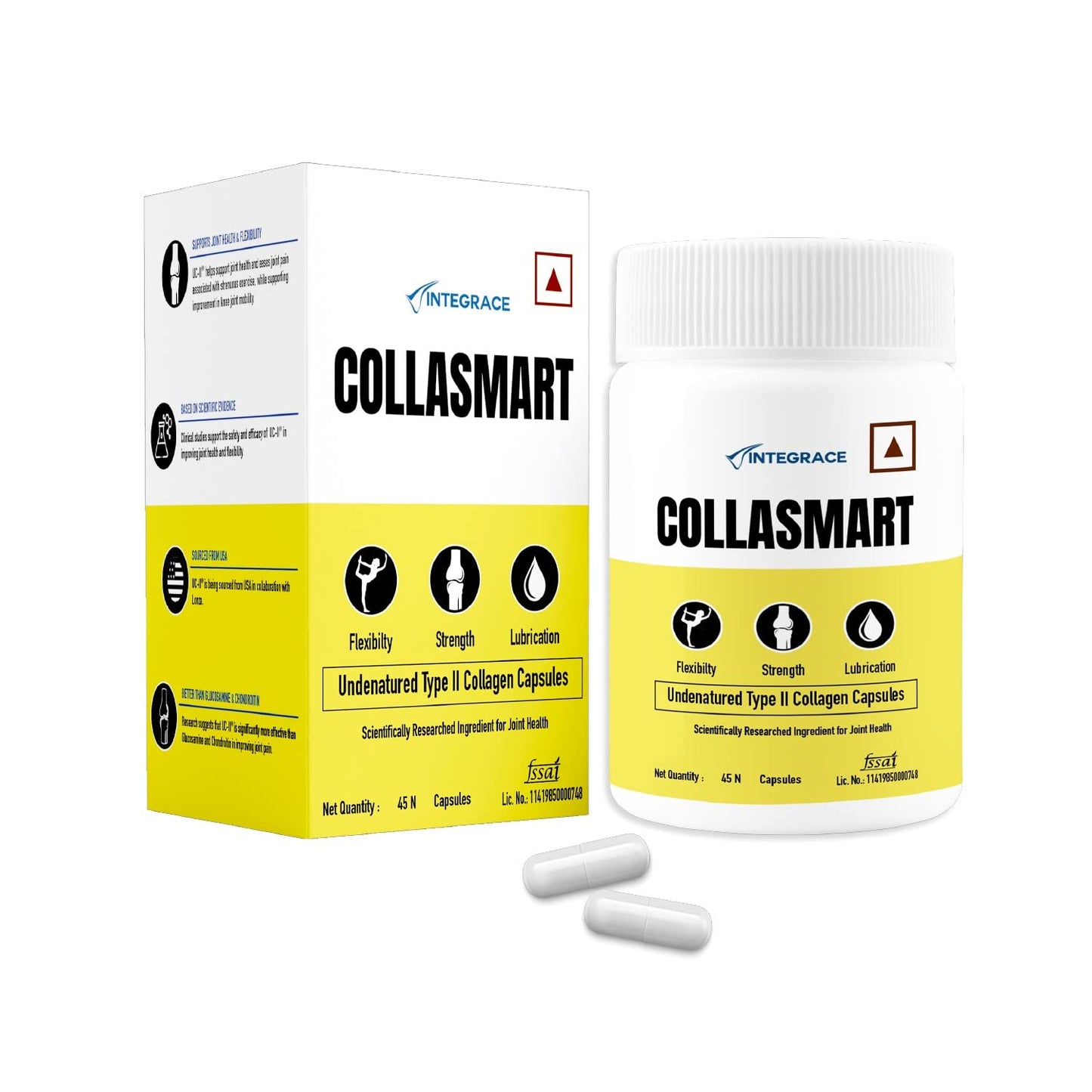 Collasmart UC-II Undenatured Type II Collagen Capsules, 45 Capsules, Daily Protein Supplement for Men & Women, Sourced from USA, Strengthens & Lubricates Joints