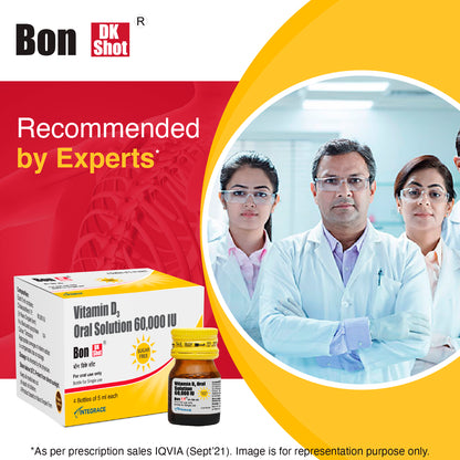 Bon Dk Shot Sugarfree Vitamin D3 Oral Solution 60,000 IU, Oral Shots of 5 ml each, Pineapple Flavour, Liquid Syrup