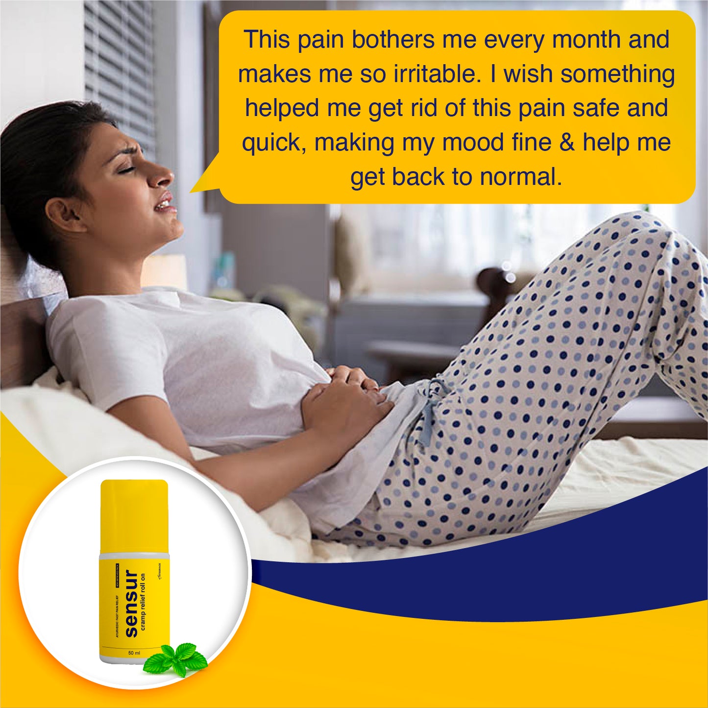 Sensur Ayurvedic Cramp Relief Roll On, 50ml, Fast & Safe Relief from Period Pain in Abdomen, Back & Thighs, Nilgiri, Kapur, Pudina, Lavang, Big Roll On for Easy Use, Soothing Aroma