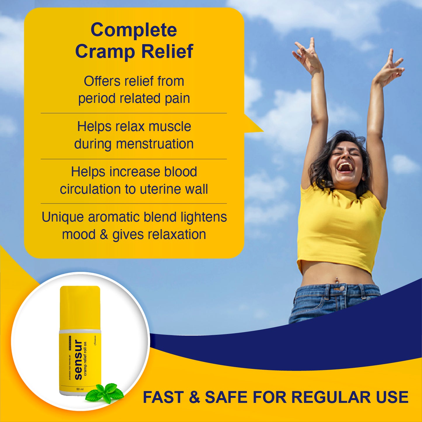 Sensur Ayurvedic Cramp Relief Roll On, 50ml, Fast & Safe Relief from Period Pain in Abdomen, Back & Thighs, Nilgiri, Kapur, Pudina, Lavang, Big Roll On for Easy Use, Soothing Aroma
