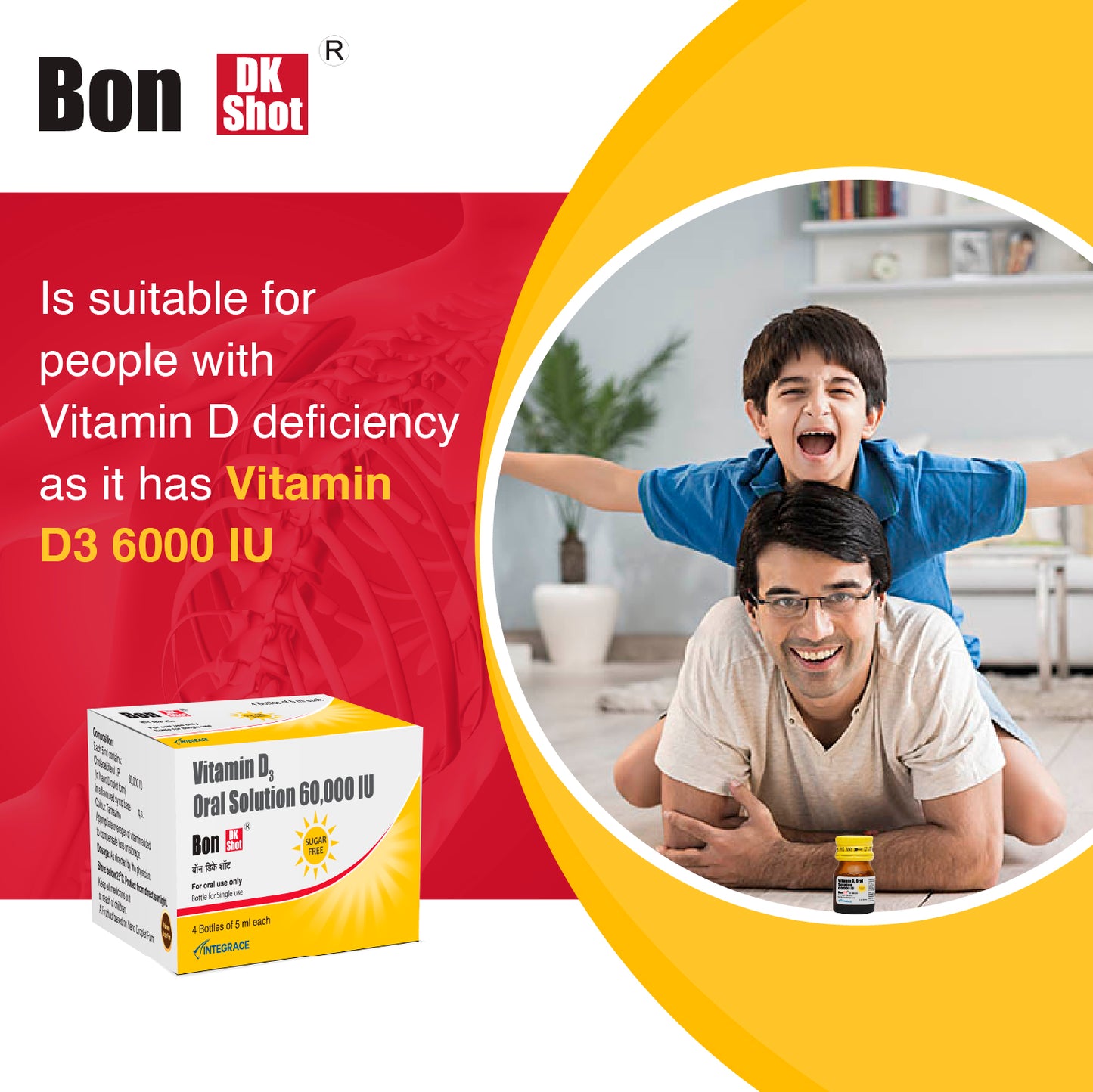 Bon Dk Shot Sugarfree Vitamin D3 Oral Solution 60,000 IU, Oral Shots of 5 ml each, Pineapple Flavour, Liquid Syrup