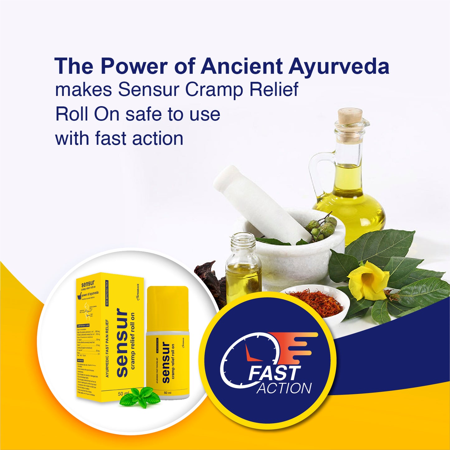 Sensur Ayurvedic Cramp Relief Roll On, 50ml, Fast & Safe Relief from Period Pain in Abdomen, Back & Thighs, Nilgiri, Kapur, Pudina, Lavang, Big Roll On for Easy Use, Soothing Aroma