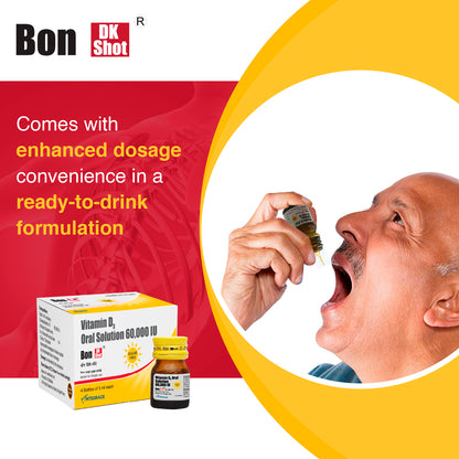 Bon Dk Shot Sugarfree Vitamin D3 Oral Solution 60,000 IU, Oral Shots of 5 ml each, Pineapple Flavour, Liquid Syrup