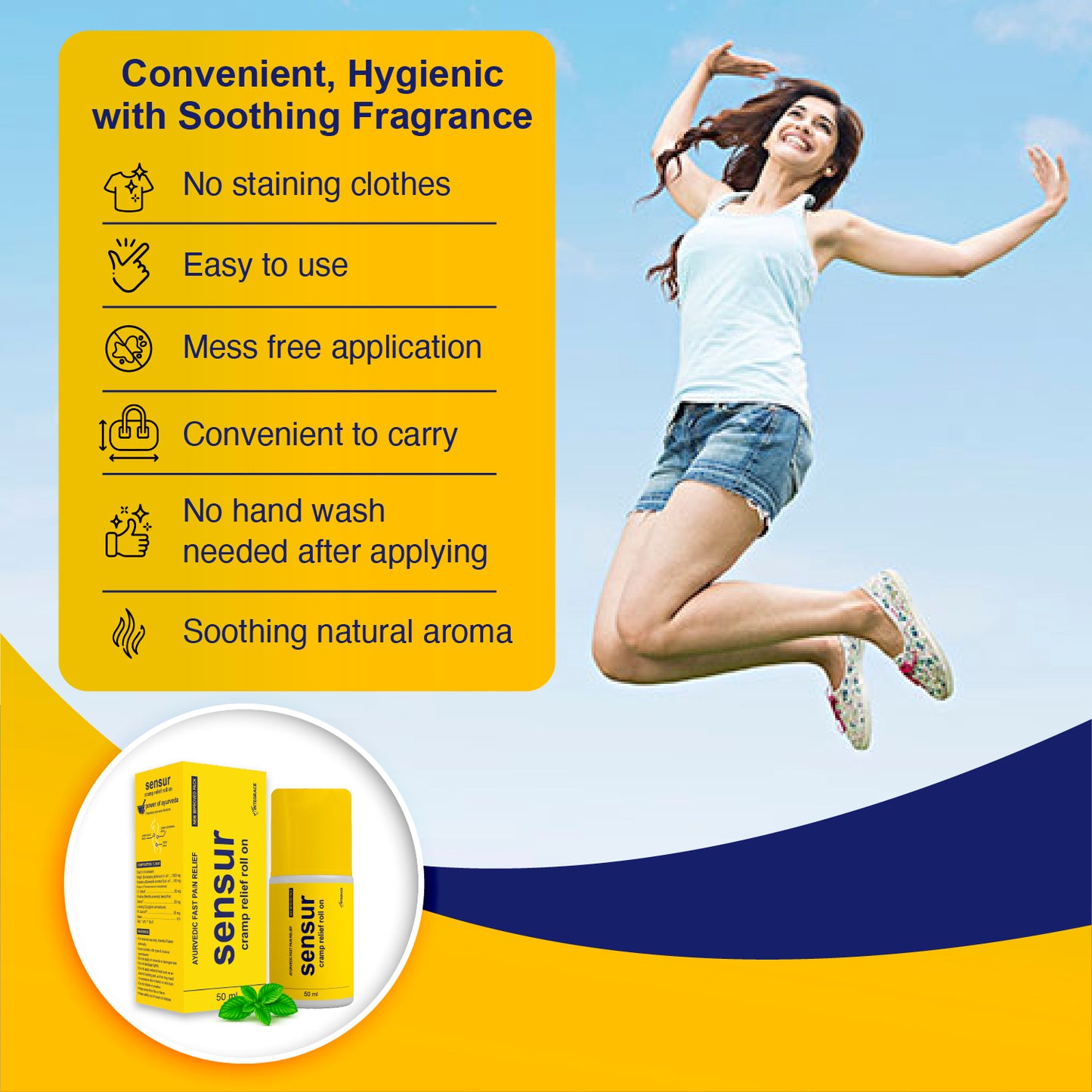 Sensur Ayurvedic Cramp Relief Roll On, 50ml, Fast & Safe Relief from Period Pain in Abdomen, Back & Thighs, Nilgiri, Kapur, Pudina, Lavang, Big Roll On for Easy Use, Soothing Aroma