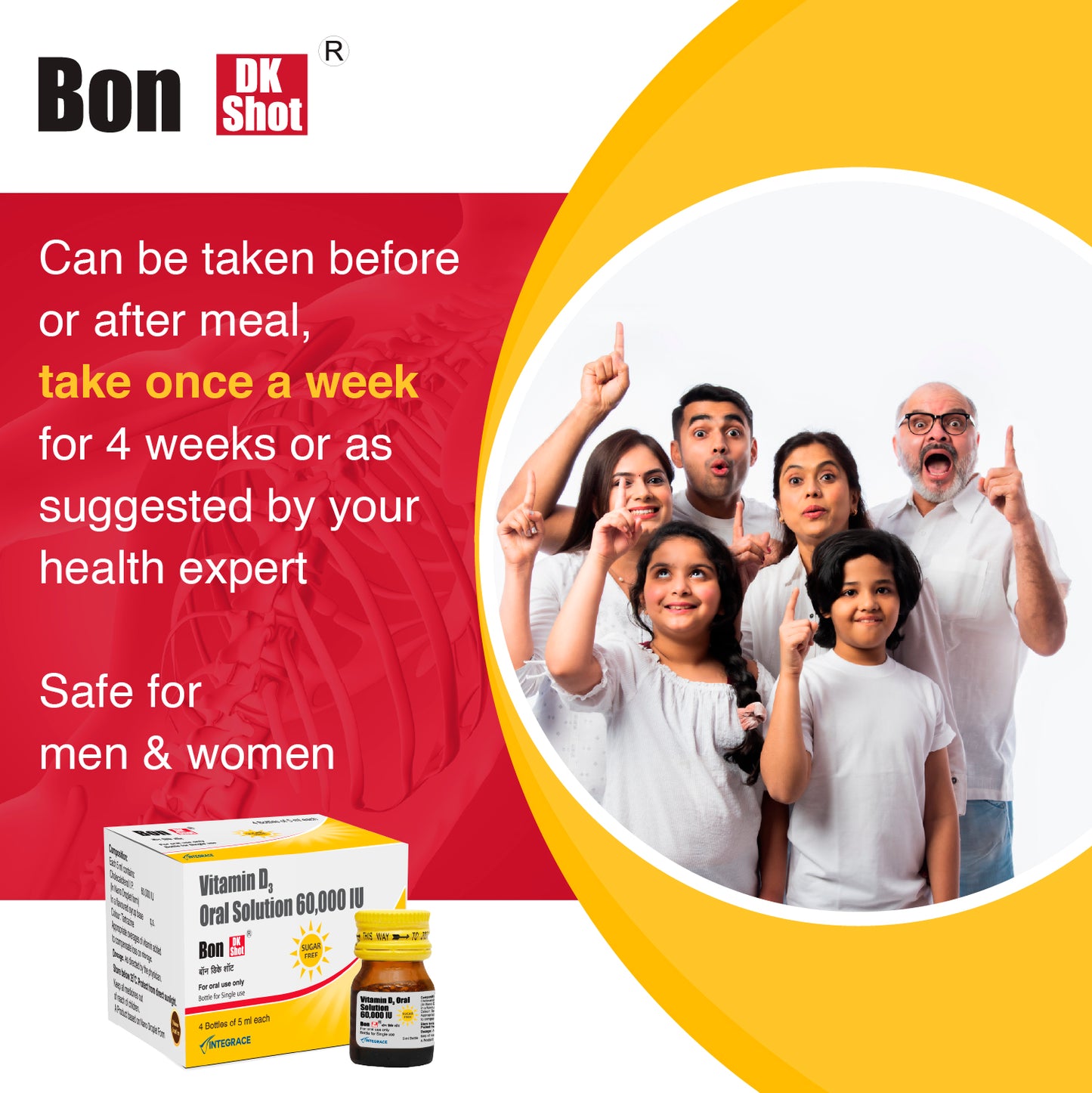 Bon Dk Shot Sugarfree Vitamin D3 Oral Solution 60,000 IU, Oral Shots of 5 ml each, Pineapple Flavour, Liquid Syrup