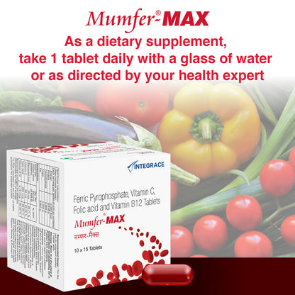 Mumfer-Max Iron, Folic Acid Supplement, Vitamin C & Vitamin-B12, Supports Blood Building, Immunity And Energy