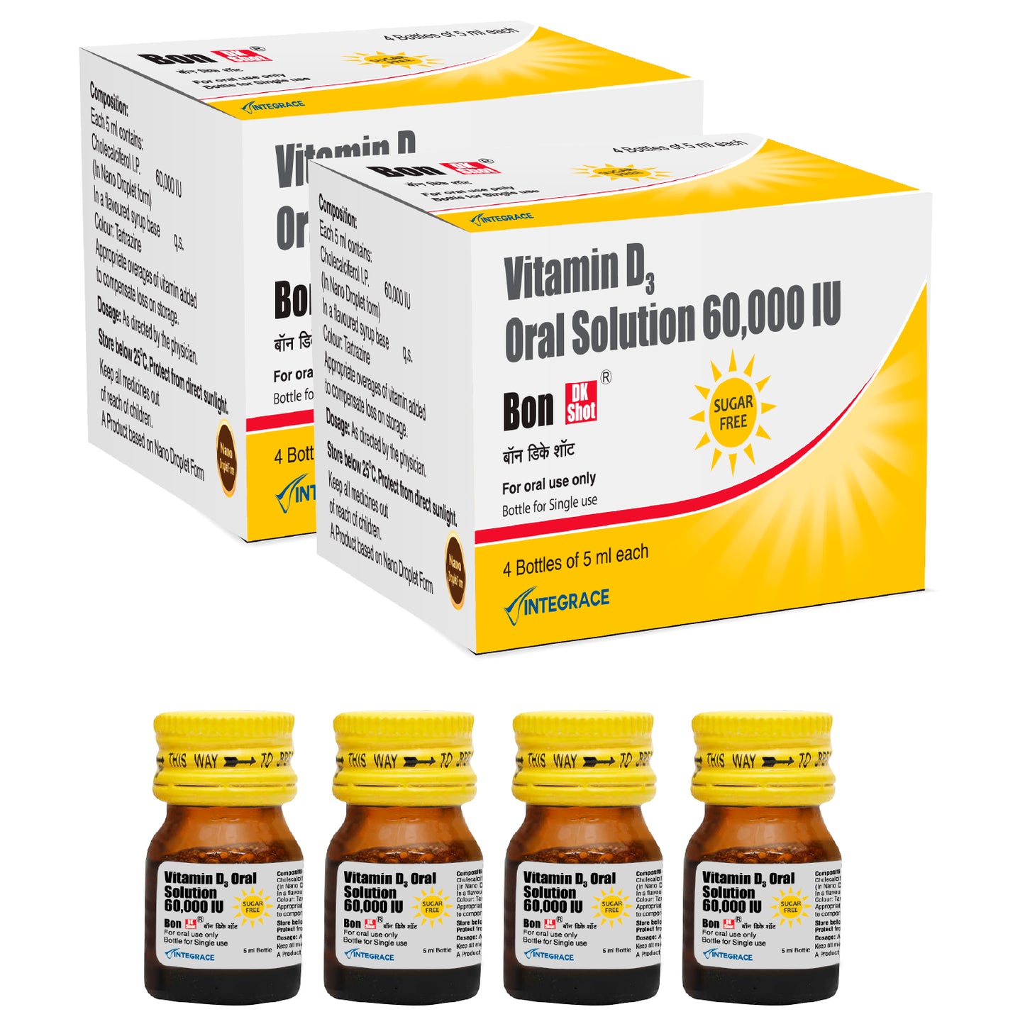 Bon Dk Shot Sugarfree Vitamin D3 Oral Solution 60,000 IU, Oral Shots of 5 ml each, Pineapple Flavour, Liquid Syrup