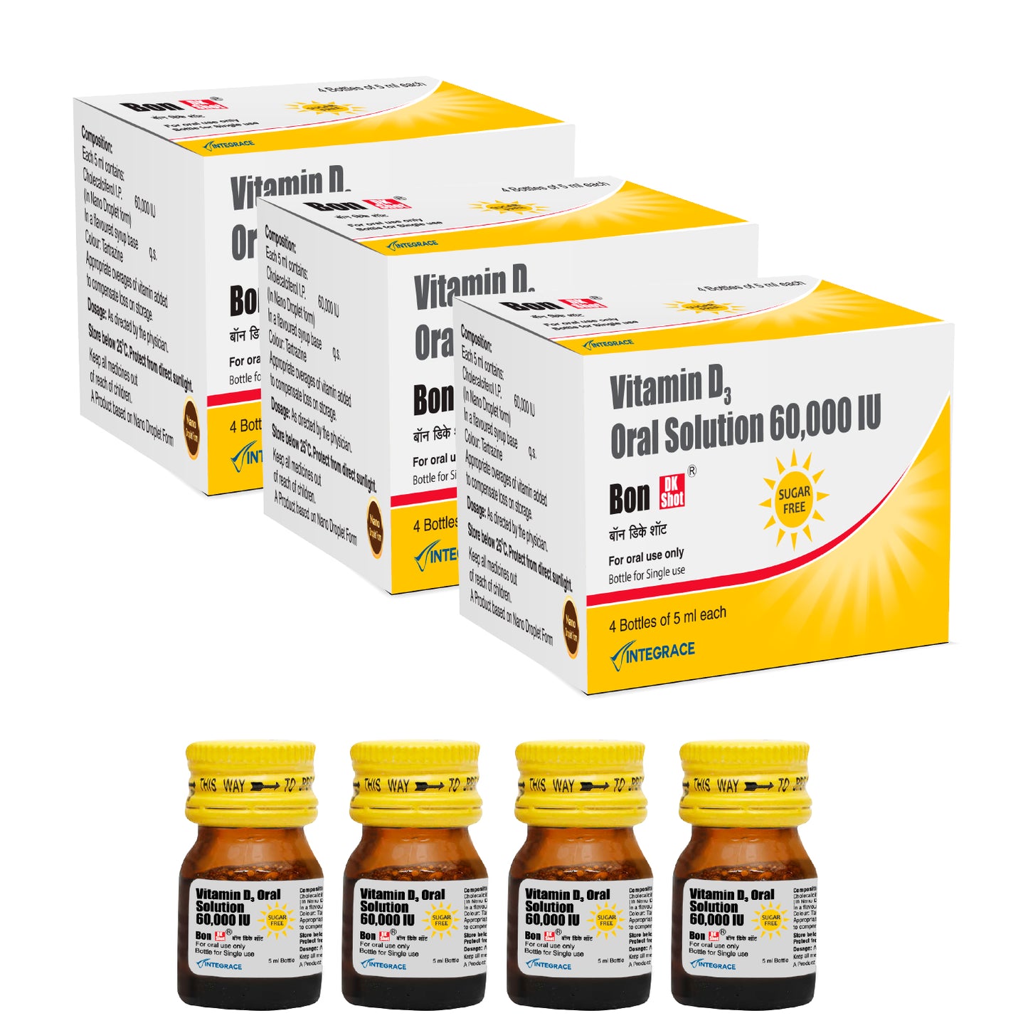 Bon Dk Shot Sugarfree Vitamin D3 Oral Solution 60,000 IU, Oral Shots of 5 ml each, Pineapple Flavour, Liquid Syrup