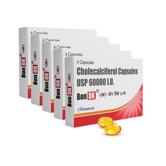 Bon DK 60K Vitamin D3 Cholecalciferol 60000 IU Capsules, 20 Soft Gelatin Capsules in Pack of 5, Weekly Supplement for Men and Women, Boosts Immune System, Easy to Swallow