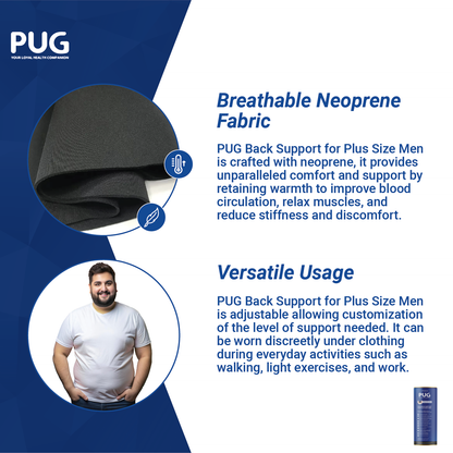 PUG Back Support for Plus Size Men, Lumbar Support Belt for wider body frames, Ergonomically Designed for Plus Size Men, 38% wider back support, Helps in Chronic Back Pain Management, Posture Improvement, Pack of 1, Matte Black