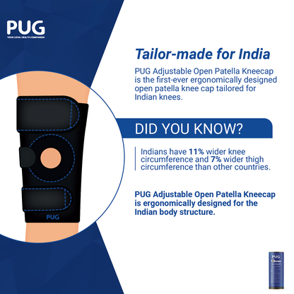 PUG Open Patella Kneecap, Adjustable Hinged Knee Brace for Wider Indian Knees, Tailored for Recovery from Knee Injuries and Surgeries, Anti-Slip and Supportive, Pack of 1, Matte Black