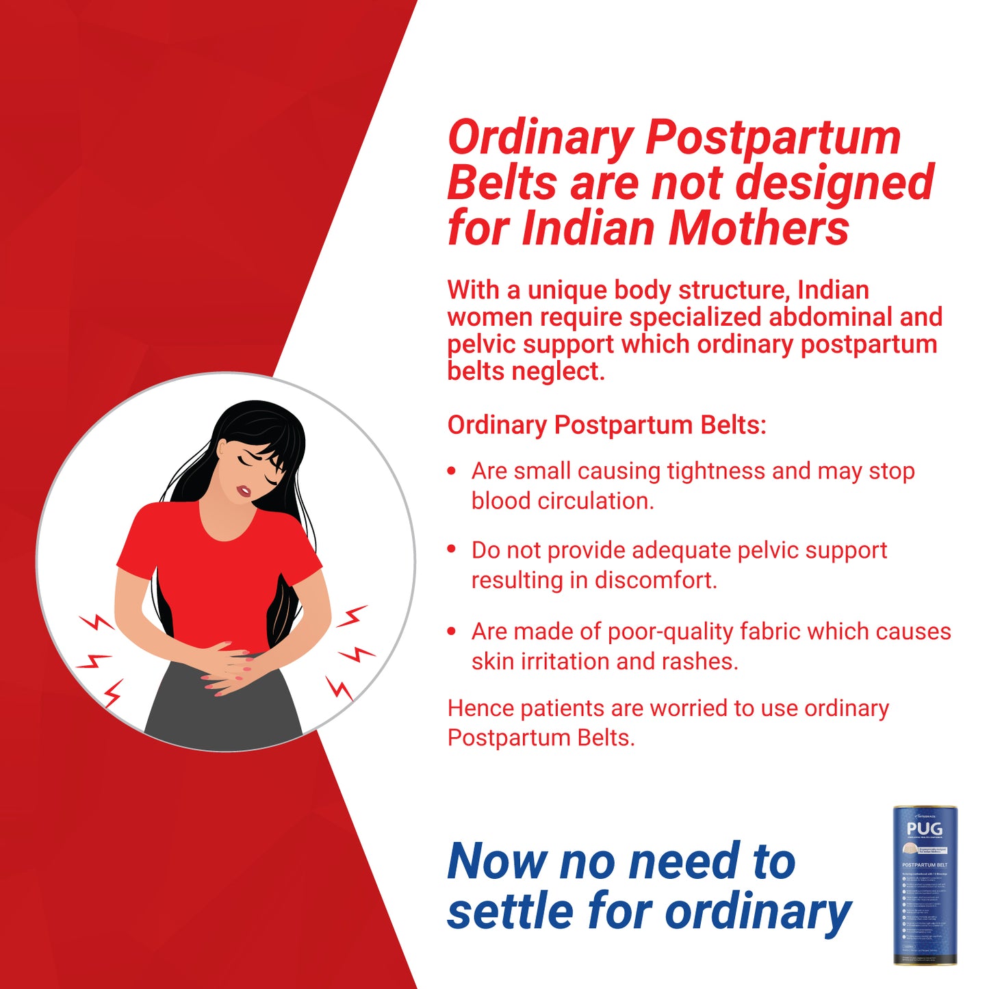 PUG Postpartum Belt, Universal size, Beige, Ergonomically designed for Indian Mothers, For C-Section and Natural Delivery, Eliminates post pregnancy pain, Muscle recovery to pre-pregnancy state