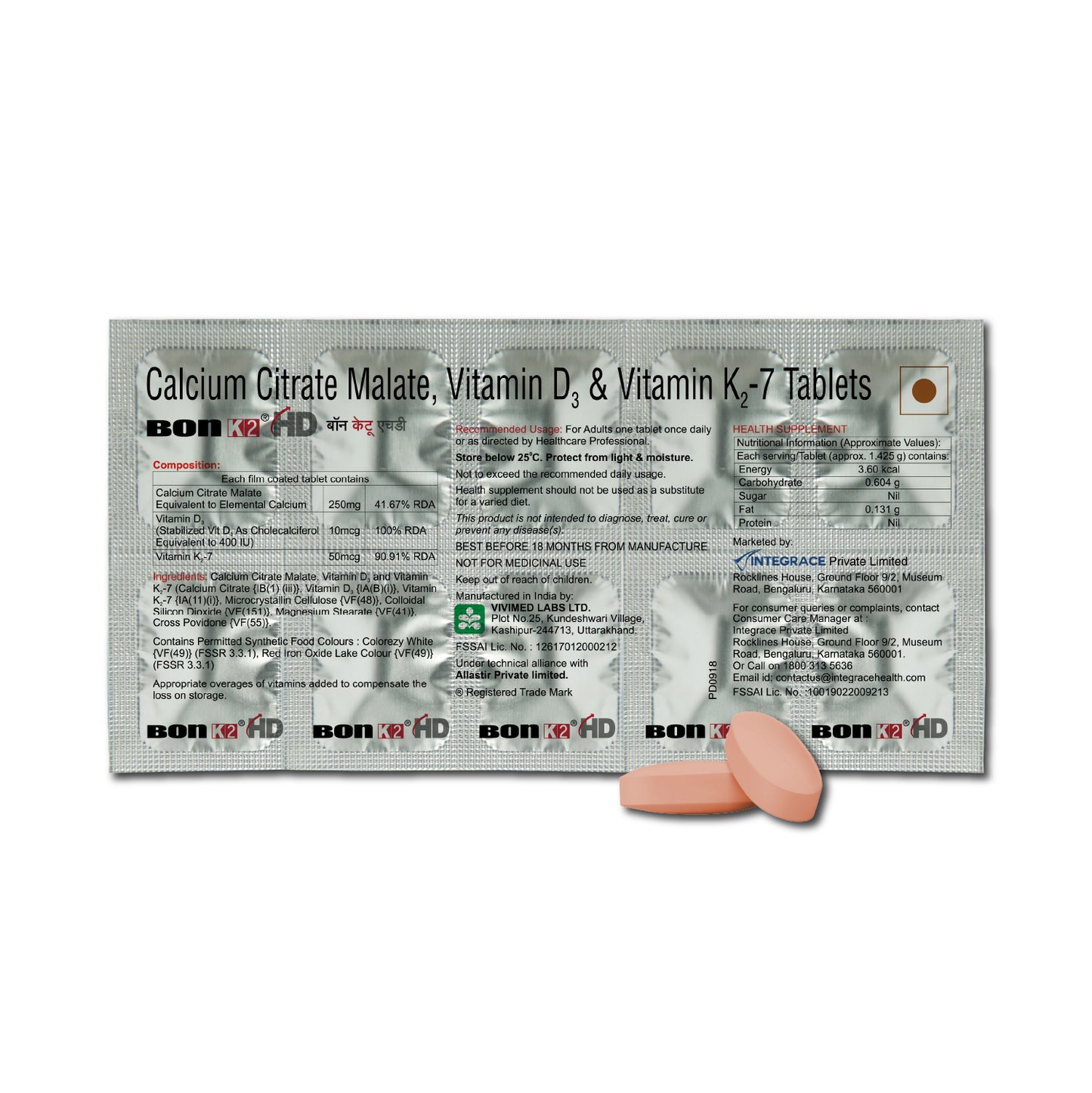 Bon K2 HD with Advanced Calcium – 100 Tablets in 10 Strips,  Enriched with Calcium Citrate Malate, Vitamin D3 and Vitamin K2-7, Multivitamin supplements for Men & Women